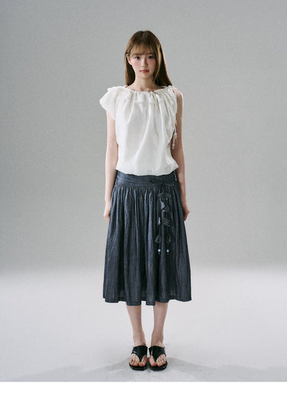 LOST FOREST - Flower Belt Striped Midi Dress (Natural Hemp / Blue Stripe / Orange Stripe)