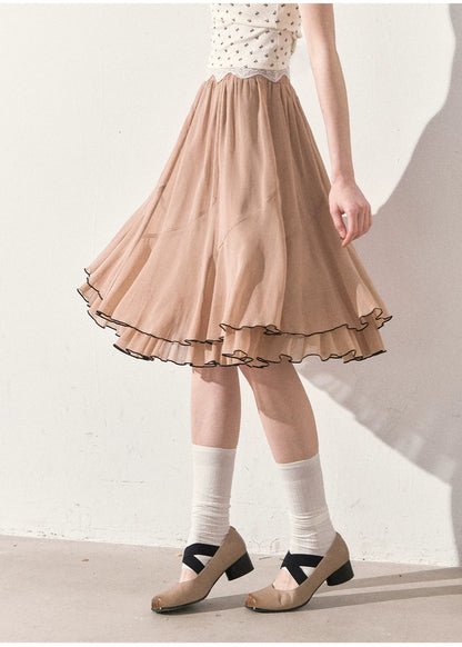 "Summer Café Encounter" Chocolate Knit Cardigan, Floral Lace Cami & Mocha Chiffon Skirt Set