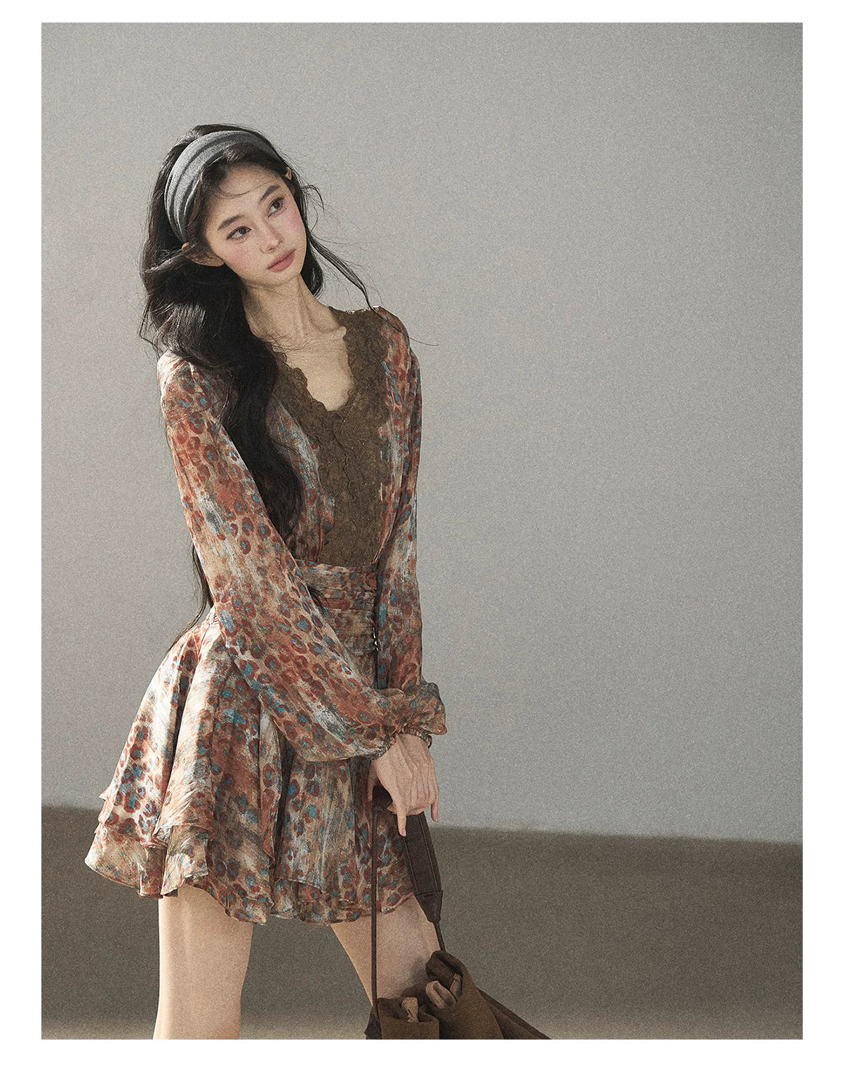 AOMALM - “Whispers of Withered Branches” Rich Cocoa French Lace Chiffon Mini Dress with Tights