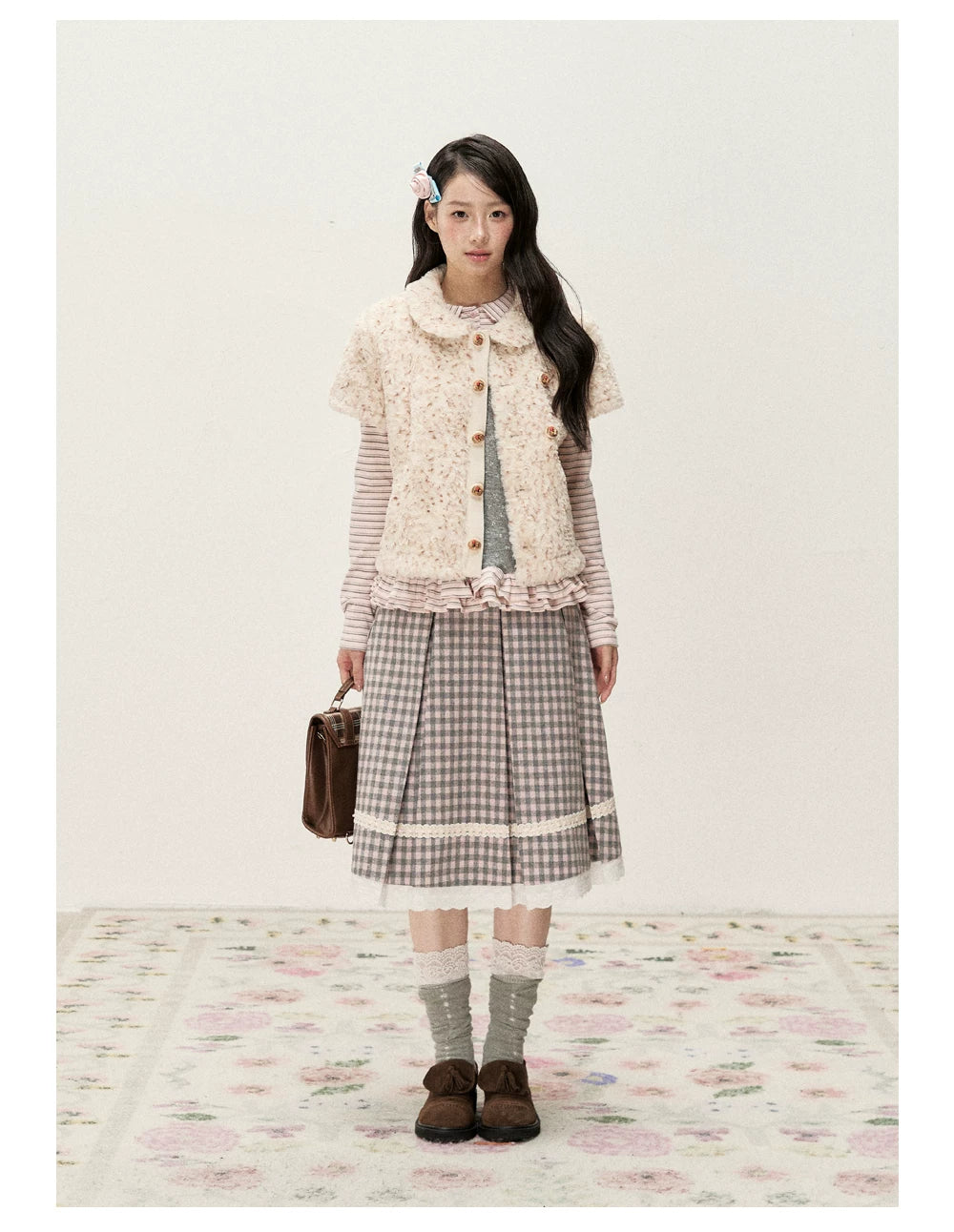 [RF] Cream Beige & Chestnut Speckle Plush Short-Sleeve Vest Jacket with Peter Pan Collar