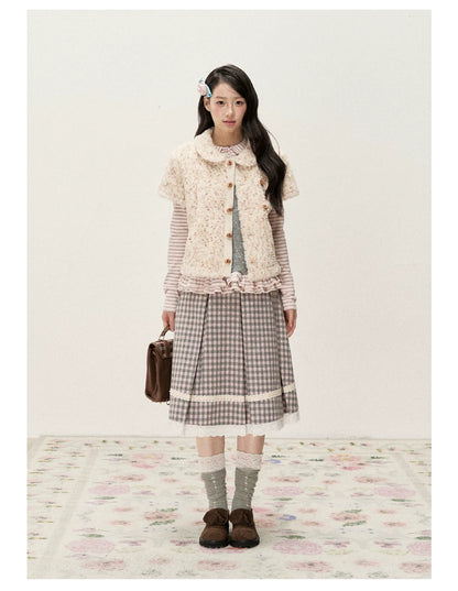 [RF] Cream Beige & Chestnut Speckle Plush Short-Sleeve Vest Jacket with Peter Pan Collar