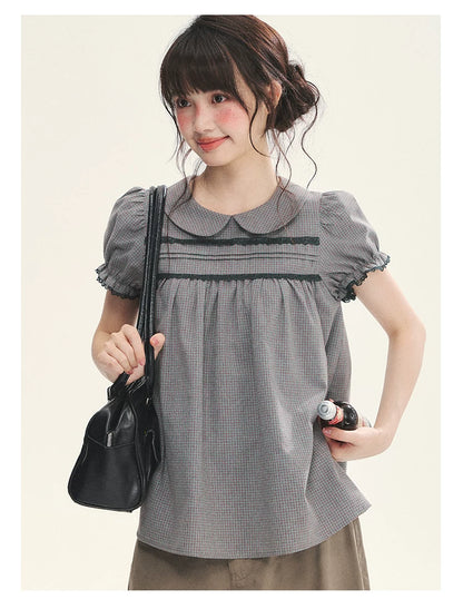 "Sweet Silhouette" Plaid Lace Trim Puff Sleeve Peter Pan Collar Blouse (Red Blue / Red White)