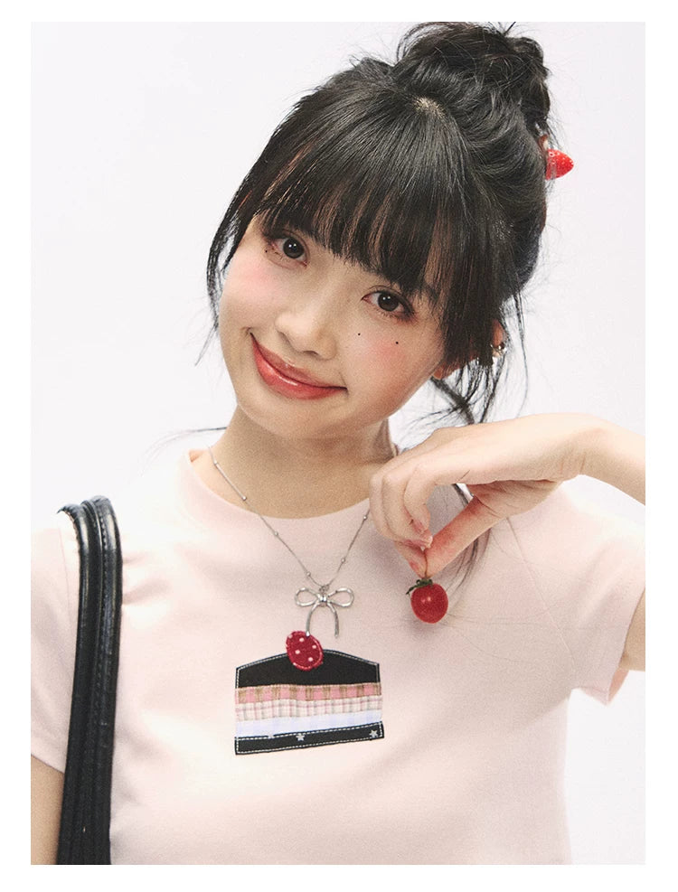 "Strawberry Shortcake Mood" Peach Pink Patchwork Cake Graphic Cotton Tee