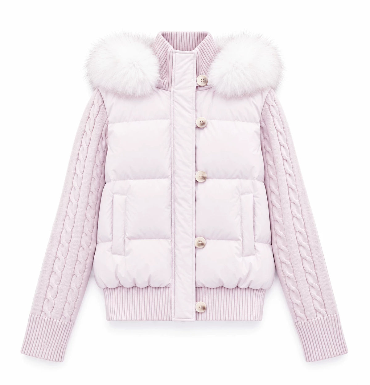 CAN - "The Macaron Affair" Cable-Knit Collar Puffer Jacket (Water Blue / Light Pink)