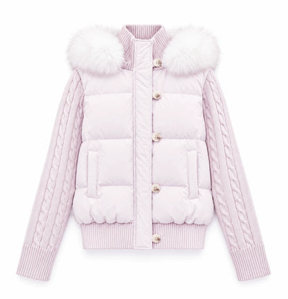 CAN - "The Macaron Affair" Cable-Knit Collar Puffer Jacket (Water Blue / Light Pink)