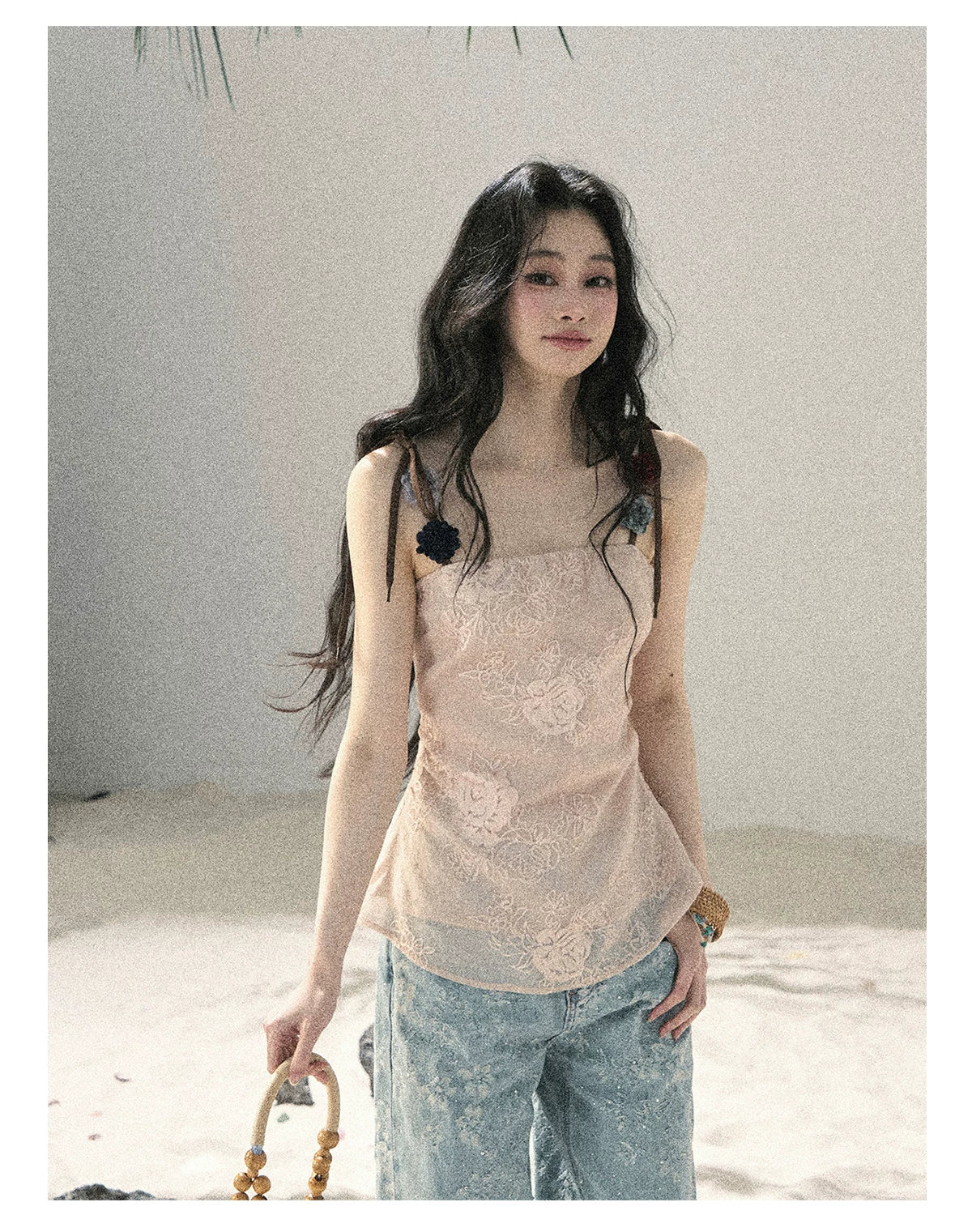 "Begonia in the Evening Breeze" Lotus Pink Embroidered Floral Cami Top