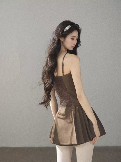 AOMALM - “Evening Breeze in the Valley” Chestnut Brown Blazer, Cami & Pleated Skort Set