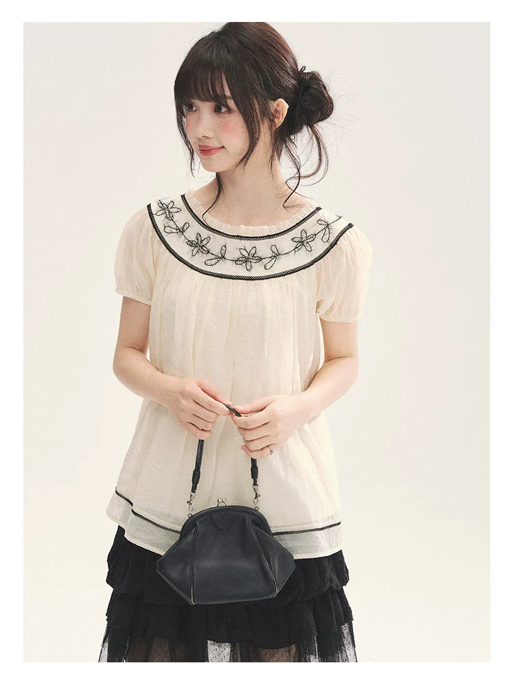 "Toasted Cookie" Yellow Flower Rope Embroidery Babydoll Top