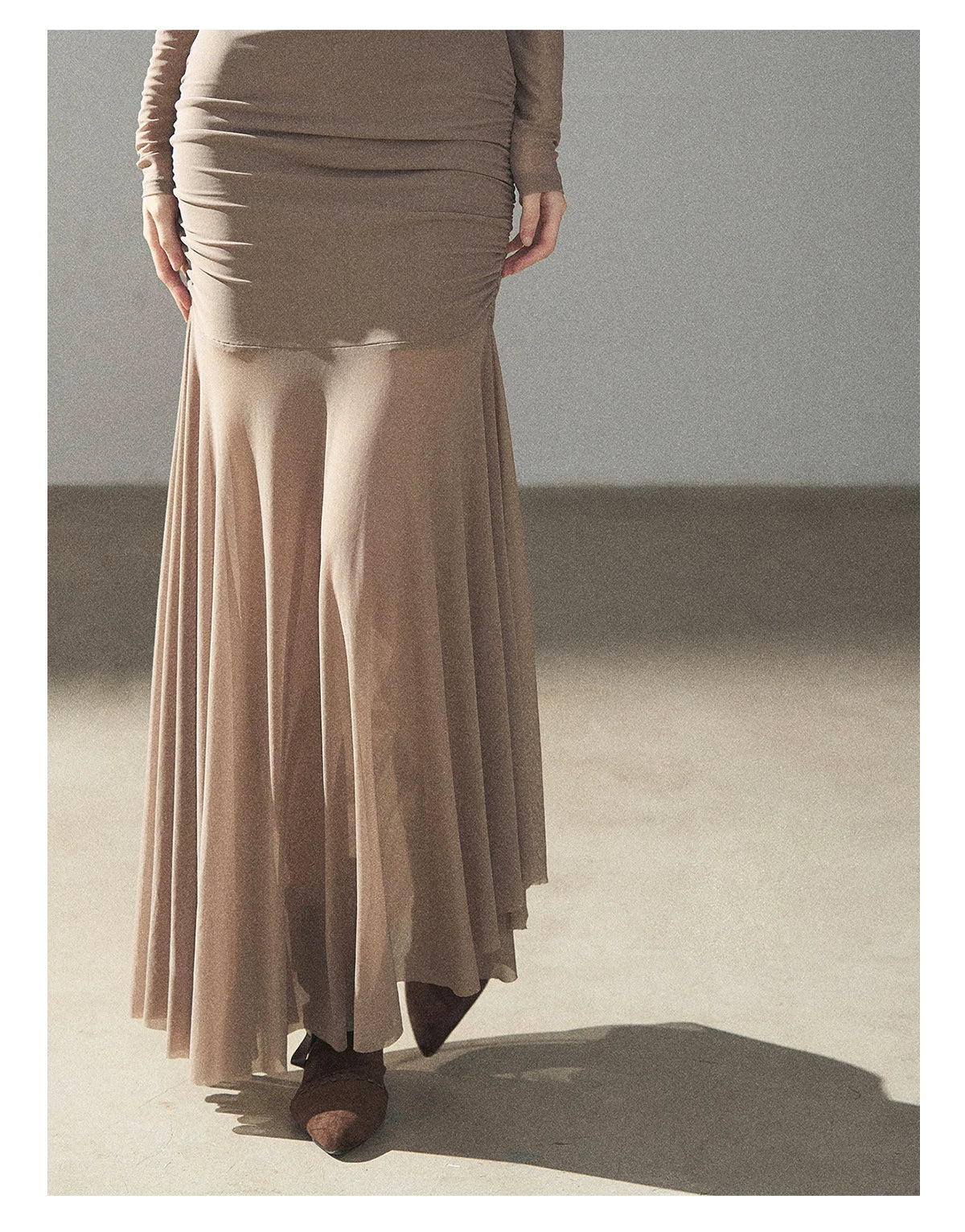 AOMALM - Milk Tea Ruched Mesh Mermaid Maxi Dress