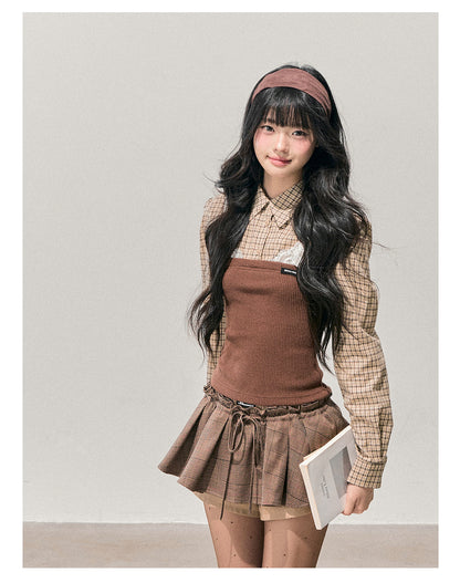 少也眼 "Falling Leaves Trace" Faux Layered Lace Plaid Knit Top
