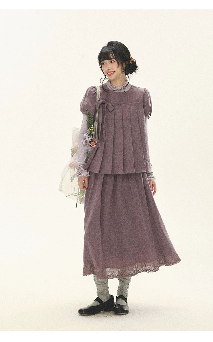 "Whispers Between Pleats" Gray Grape Purple Pleated Top & Maxi Skirt Set