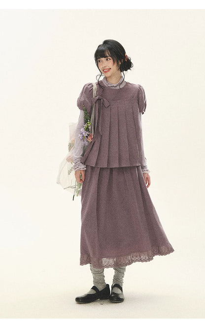 "Whispers Between Pleats" Gray Grape Purple Pleated Top & Maxi Skirt Set