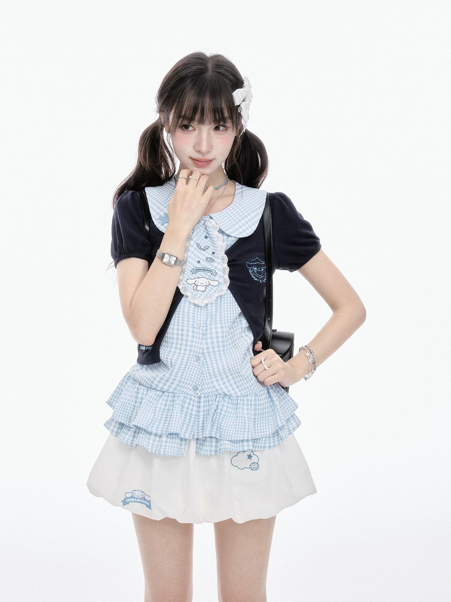 Two Ways to Wear! Cinnamoroll Cropped Cardigan / Round-Neck Blouse / Bubble Skort