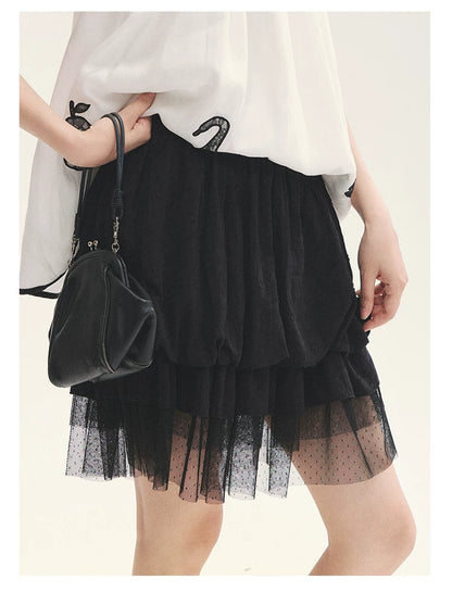 "Black & White Sonata" Polka Dot Mesh Tiered Jellyfish Skirt (White/ Black)
