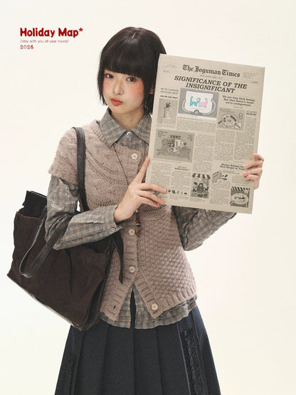 "Rice Knit" Wool-Blend Short Sleeve Knit Cardigan (Moss Coffee Green/ Dusk Dusty Pink)