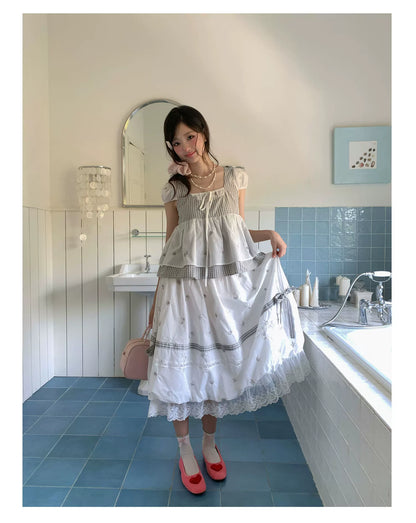 “Misty Isle White Tea” Grey White Polka Dot Skirt Set