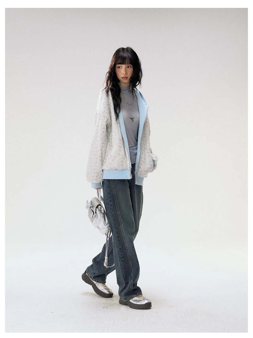 [CAN] "Misty Blue Floral Reverie" Light Blue Floral Set (Reversible Jacket / Sweatpants / Tiered Skirt)