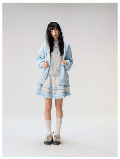 [CAN] "Misty Blue Floral Reverie" Light Blue Floral Set (Reversible Jacket / Sweatpants / Tiered Skirt)