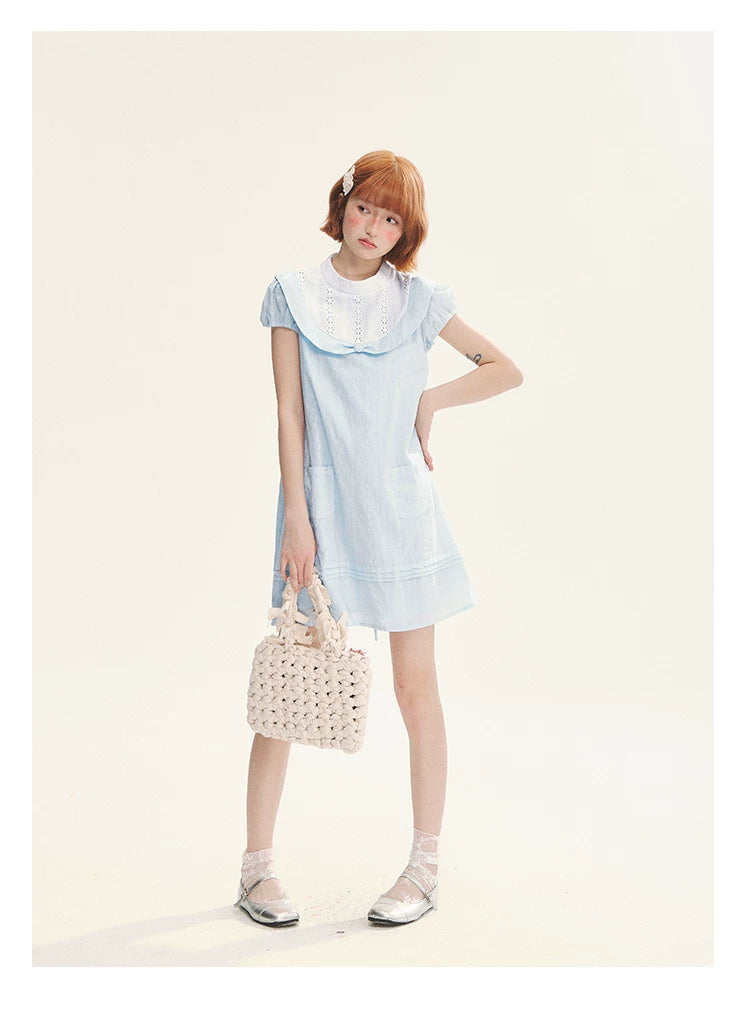 "Sea Salt Fizz" Baby Blue Cutout Embroidered Peter Pan Collar Puff Sleeve A-Line Dress
