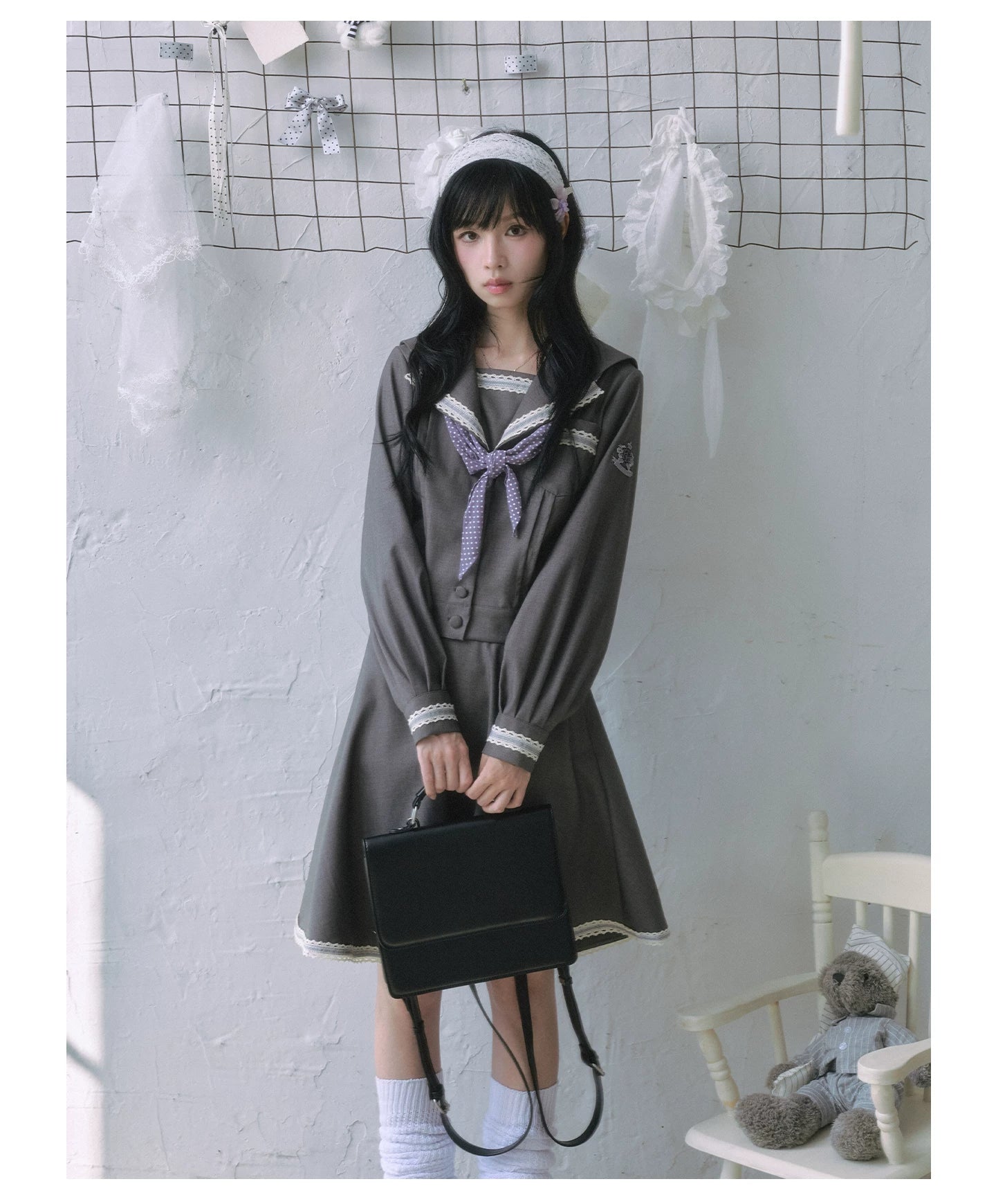 "Showa Girl" Sailor Uniform Collection (Sailor Blouse / A-Line Skirt / Box Pleated Midi Skirt / Polka Dot Scarf)