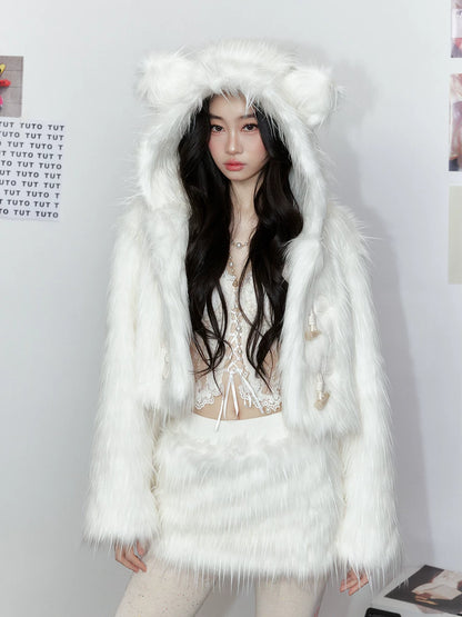 White Cloud Bear Faux Fur Jacket & Skirt Set