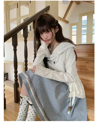 “Mocha Poetry Reverie” Ivory Polka Fringe Sweatshirt