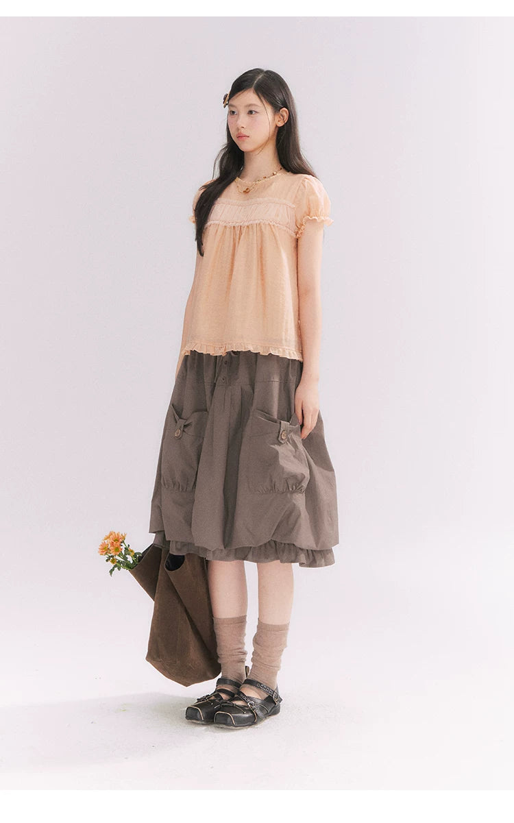 “Orange Soda” Seashell Orange Mesh Panel Puff Sleeve Top