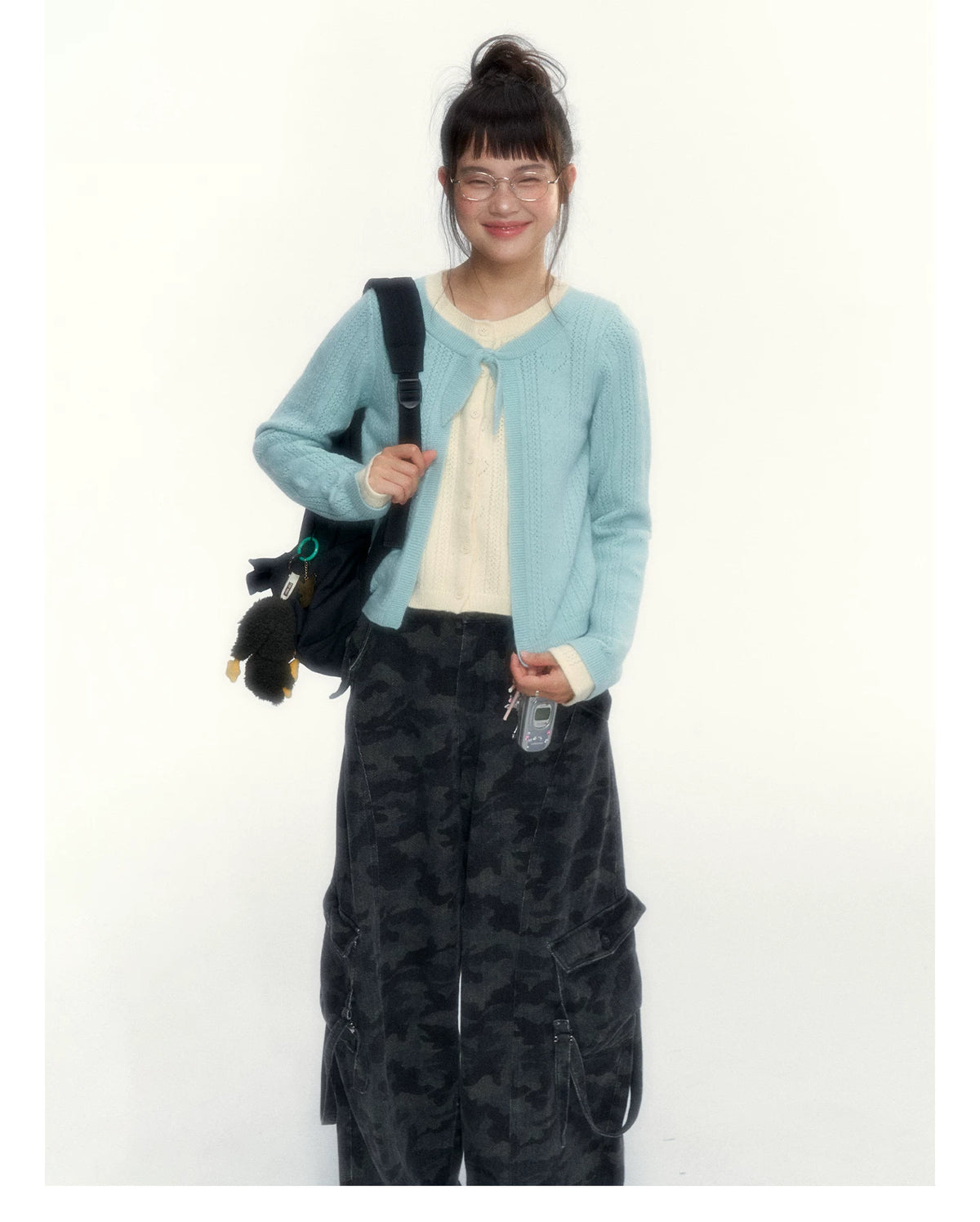 Korean Contrast Bow-Tie Layered Knit Cardigan (Blue / Purple)