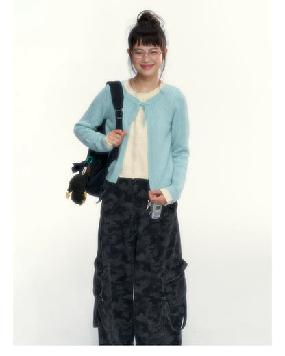 Korean Contrast Bow-Tie Layered Knit Cardigan (Blue / Purple)