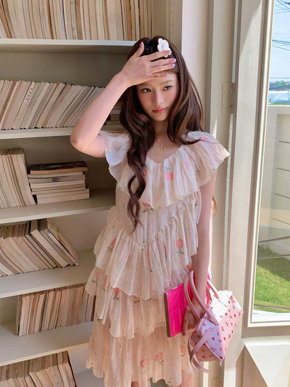 “Cloud Ruffle Reverie” Cream Apricot Floral Ruffle Dress
