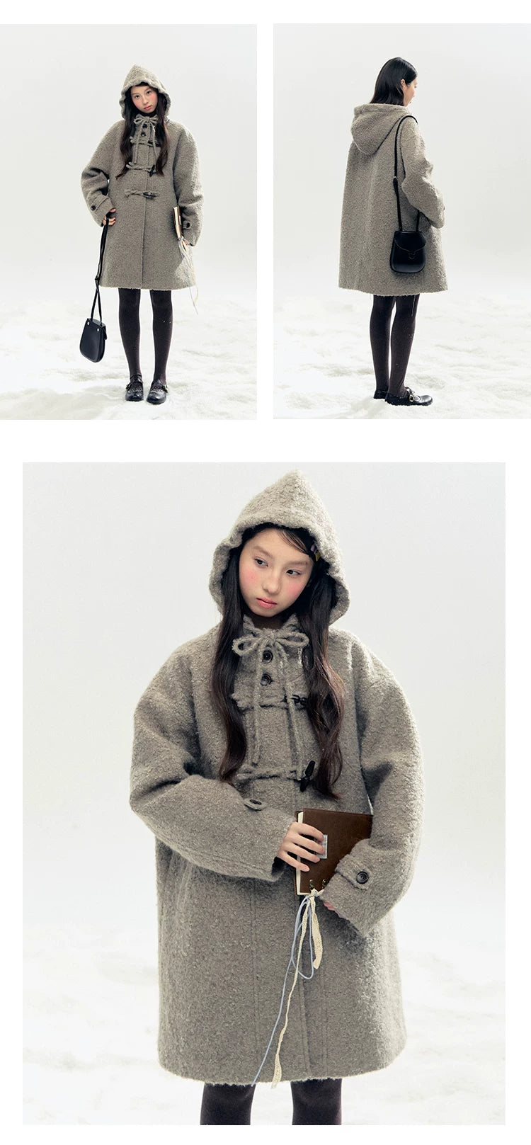 "Pinecone Post" Frost Gray Hooded Down Duffle Coat
