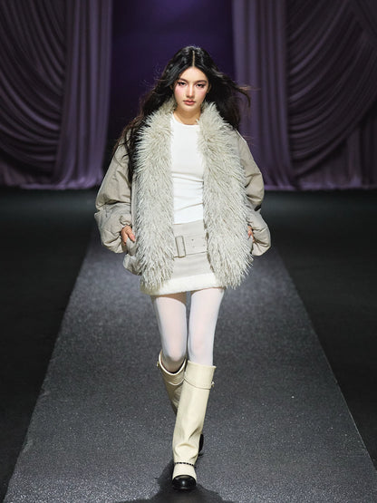 "Snowbound Escape" Faux Fur Collar Padded Winter Jacket (Ivory / Heather Gray)