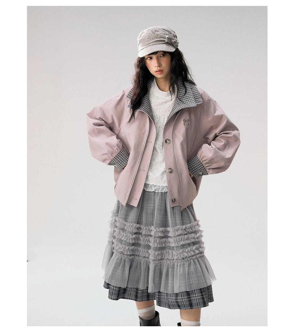 [CAN] "Lavender Plaid Notes" Dusty Purple Plaid Double Collar Cropped Jacket