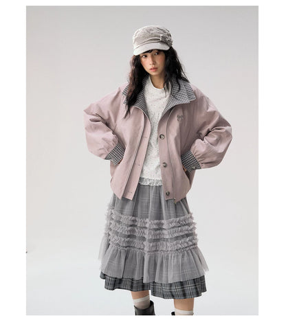 [CAN] "Lavender Plaid Notes" Dusty Purple Plaid Double Collar Cropped Jacket