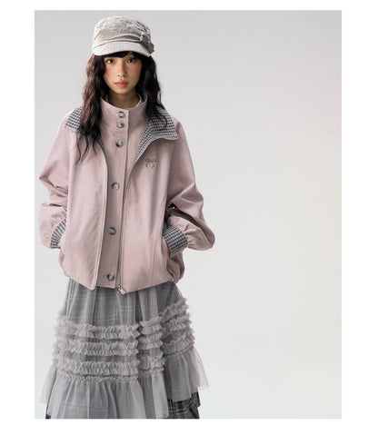 [CAN] "Lavender Plaid Notes" Dusty Purple Plaid Double Collar Cropped Jacket