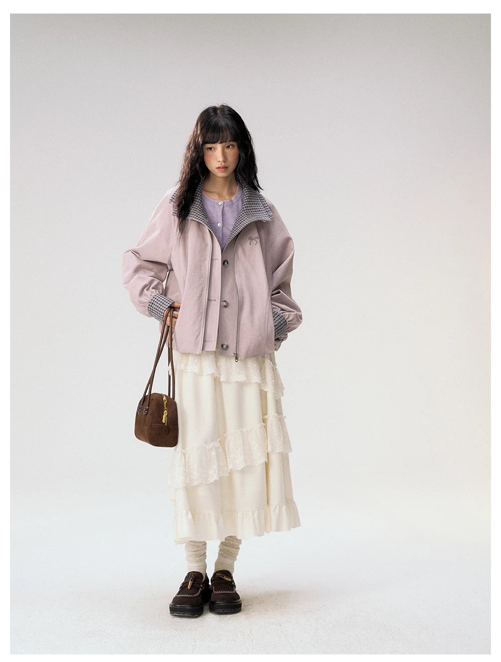 [CAN] "Lavender Plaid Notes" Dusty Purple Plaid Double Collar Cropped Jacket
