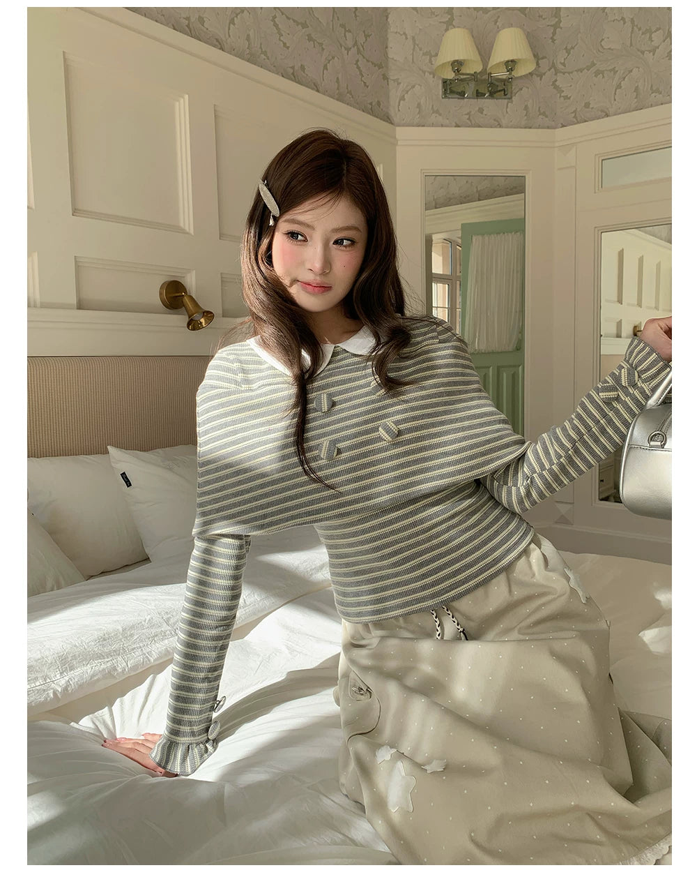 “Misty Sonata” Grey Layered Stripe Knit Top
