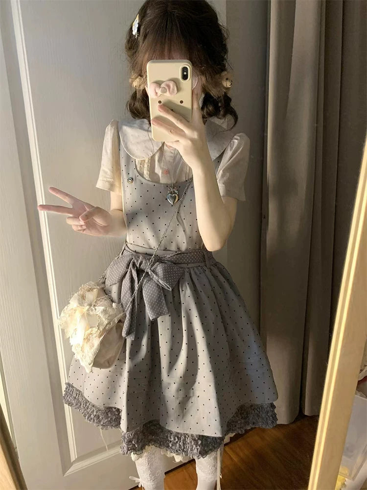 Vintage Japanese-Style Detachable 2-Way Pinafore Dress & Blouse Set