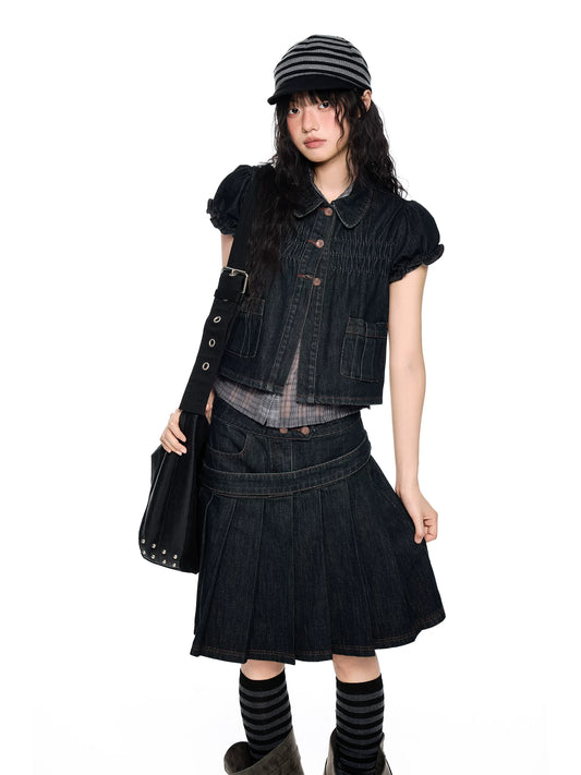 Vintage Peter Pan Collar Puff Sleeve Denim Set