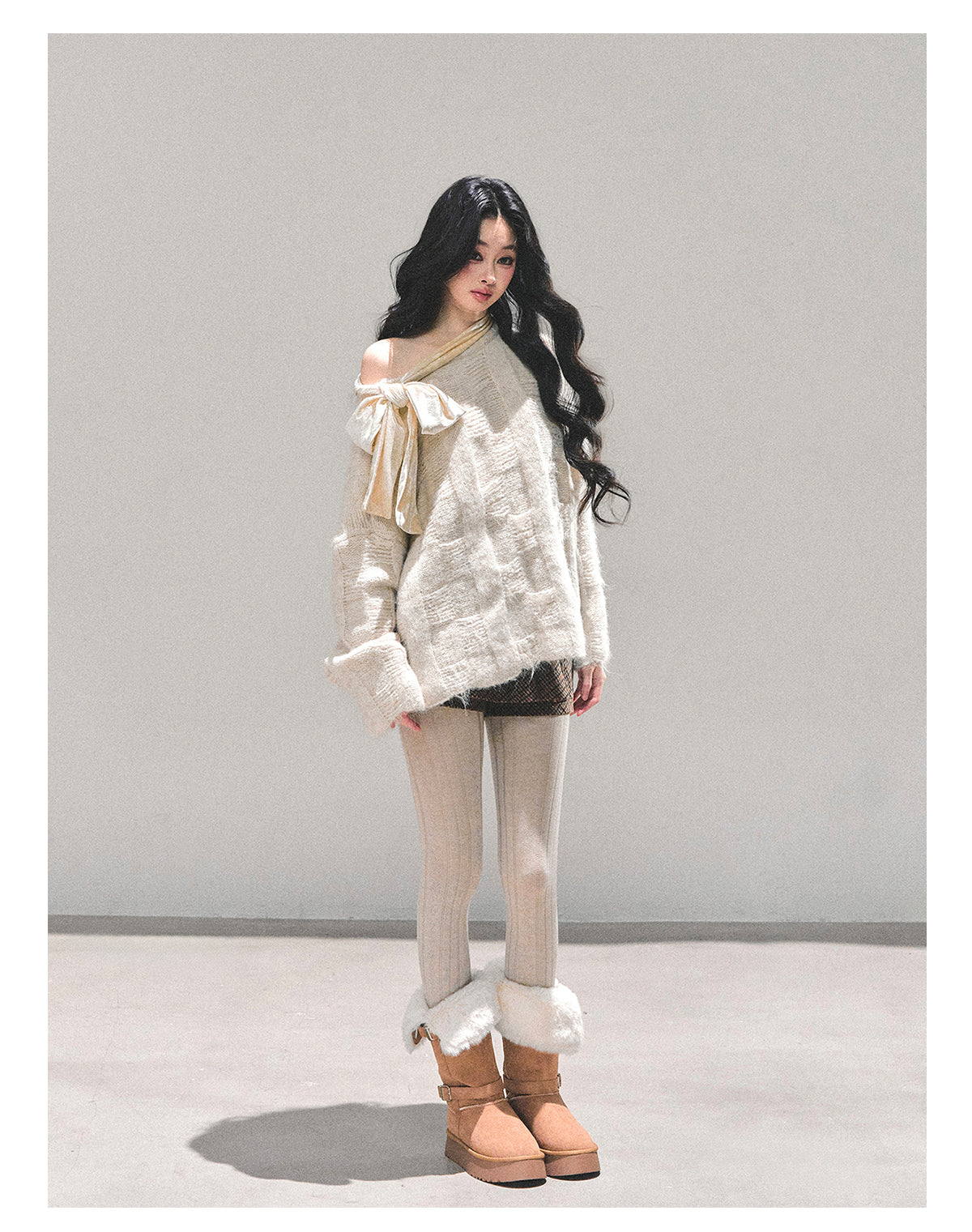 少也眼 "She Walks Through Morning" Bow-Knit Off-Shoulder Sweater - Almond Beige 58634584