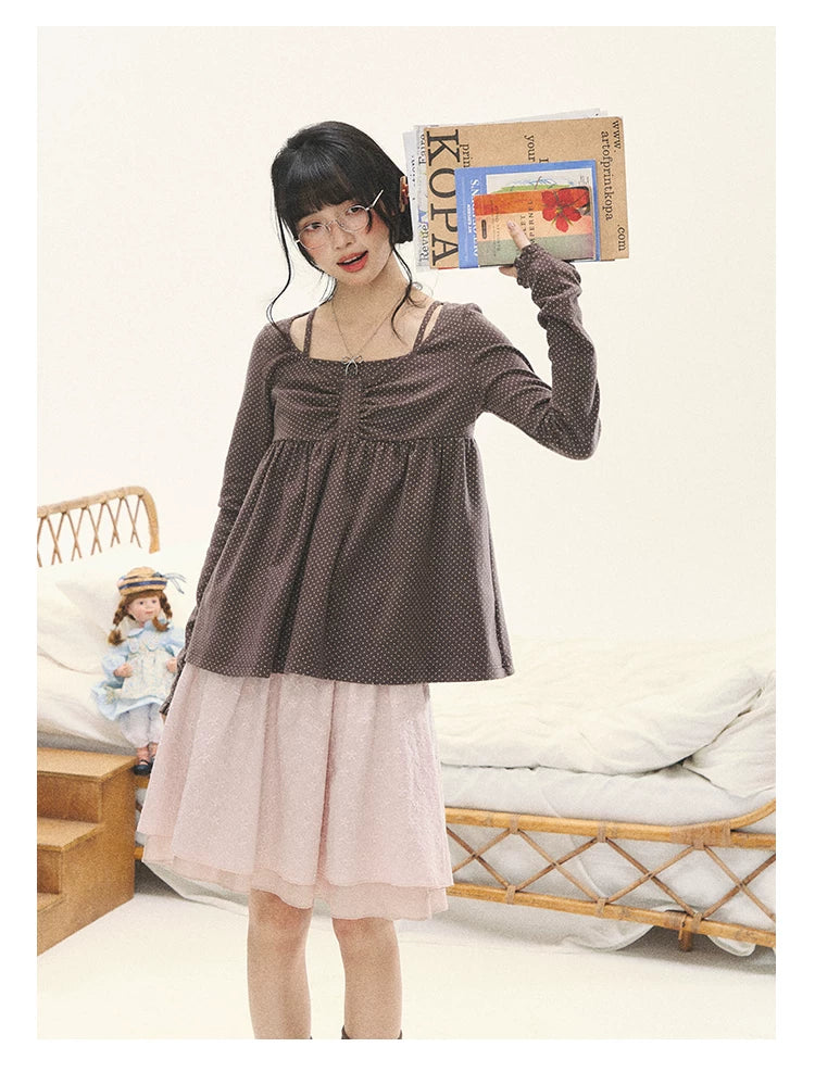 "Sweet Favorite" Polka Dot Faux-Layer Bow Knit Top (Gray Brown/ Blush Pink)
