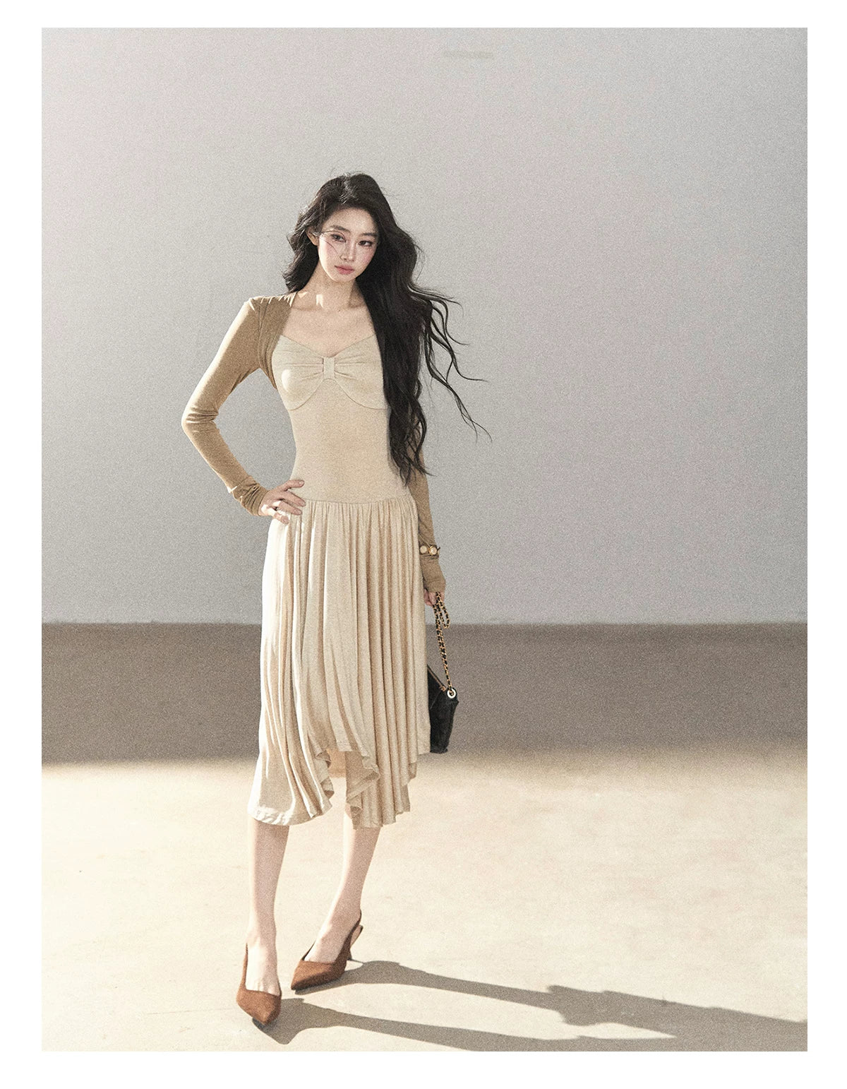 AOMALM - Light Sand Faux Two-Piece Midi Dress with Draped Shawl