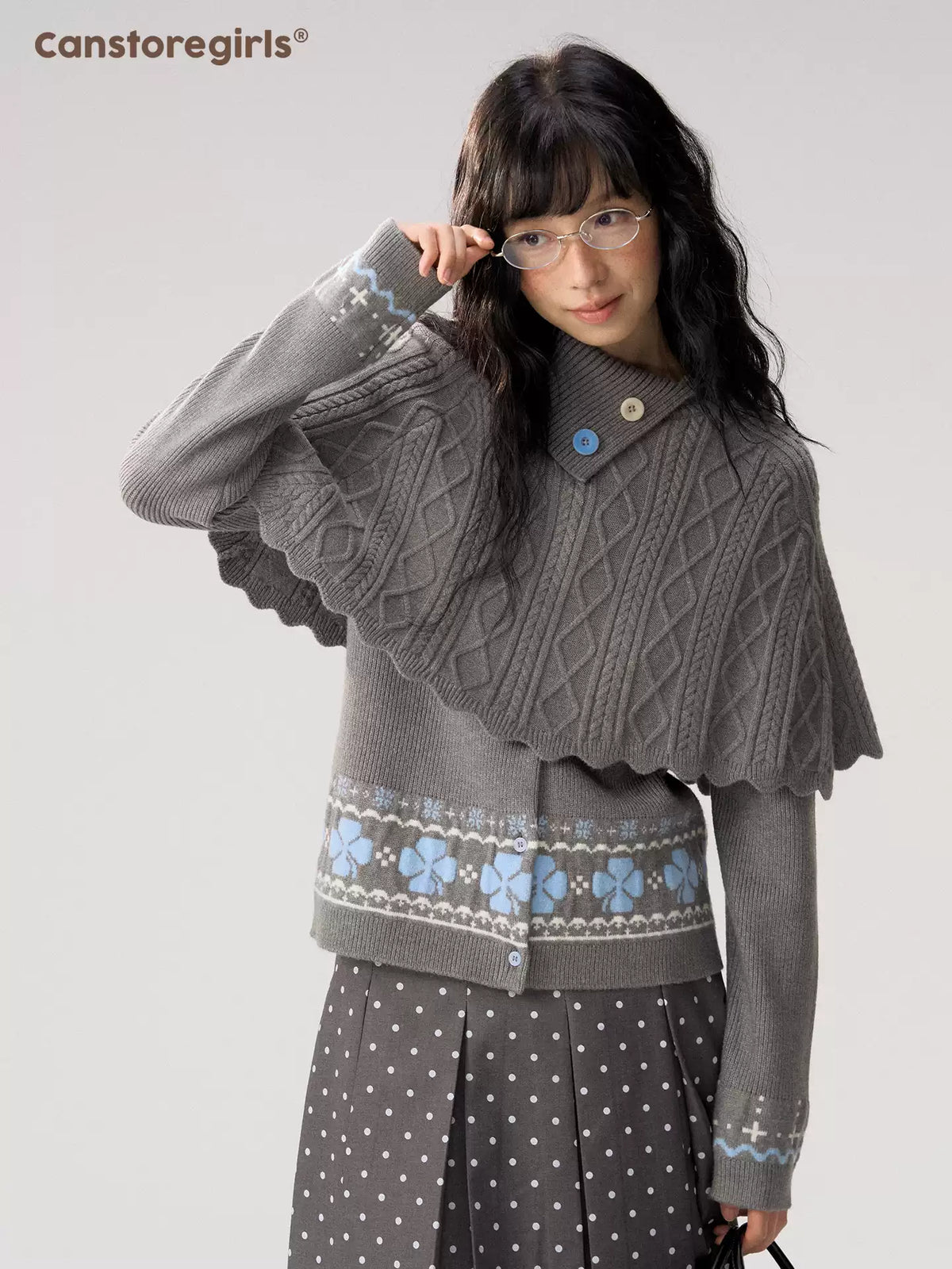 [CAN] “Misty Dot” Gray Polka Dot Pleated A-Line Midi Skirt