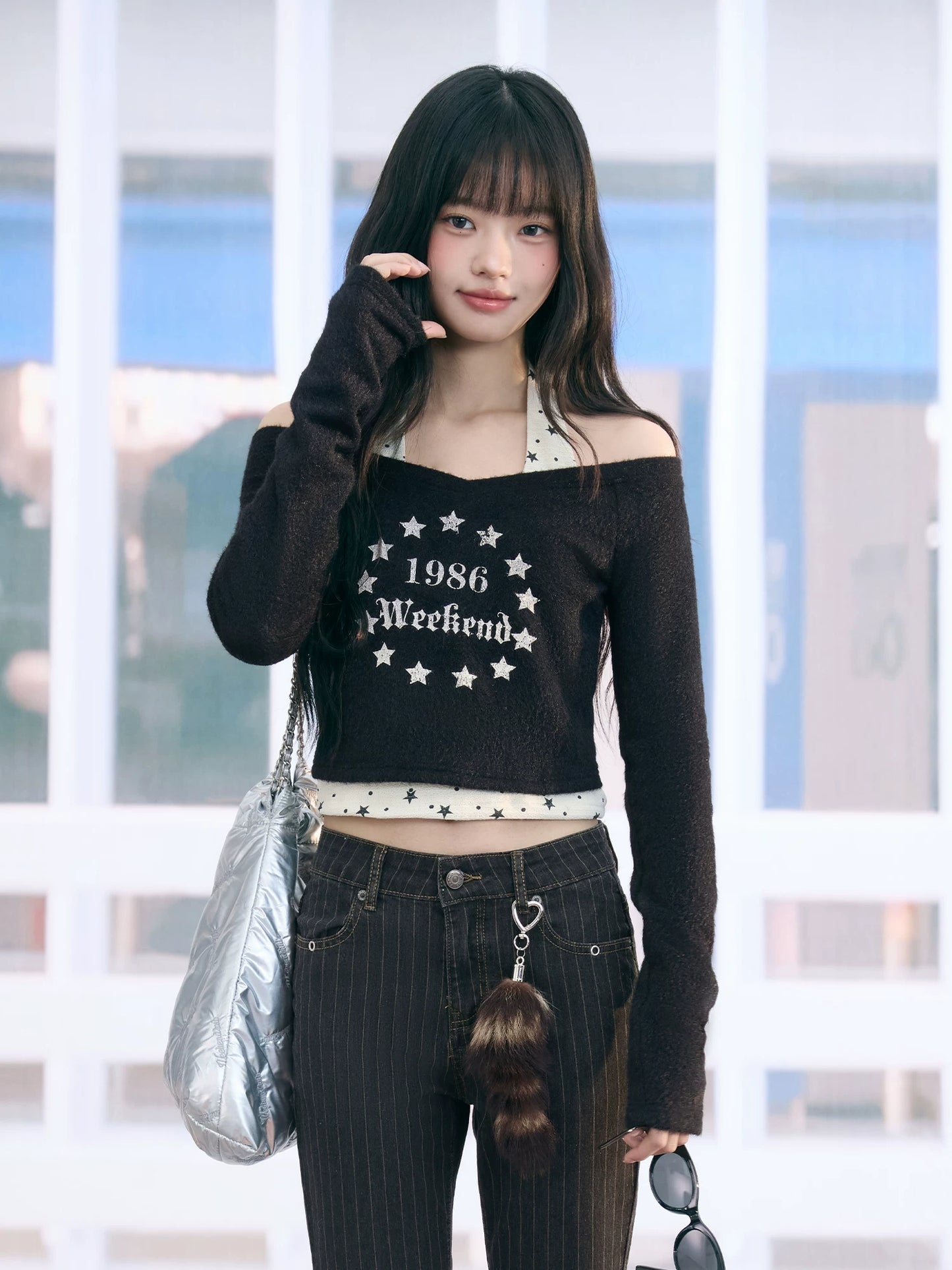 "Midnight Nova" Black Halter Layered Off-Shoulder Long Sleeve Top