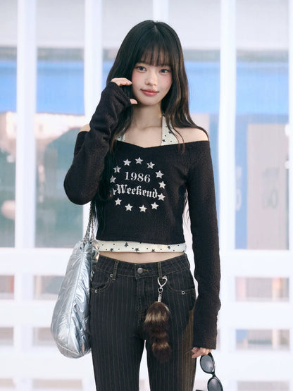 "Midnight Nova" Black Halter Layered Off-Shoulder Long Sleeve Top