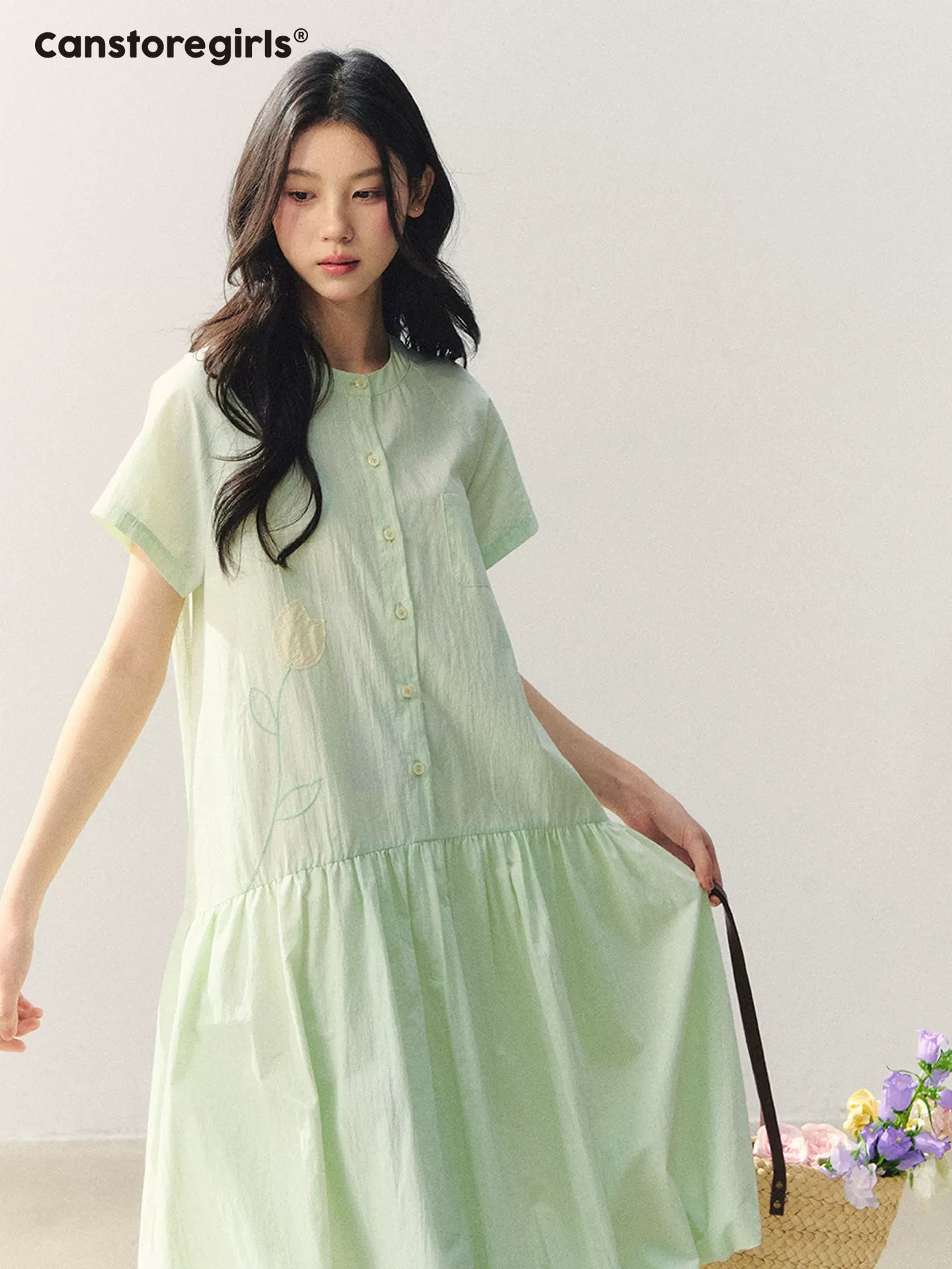 "Tulip Spring Letter" Bubble Hem Shirt Dress SJ2026030