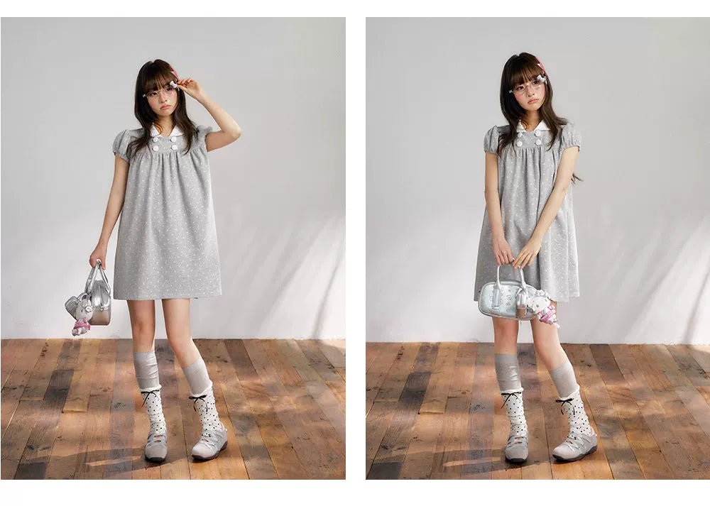 “Grey Sugar Cloud” Grey Polka Dot Doll Collar Dress