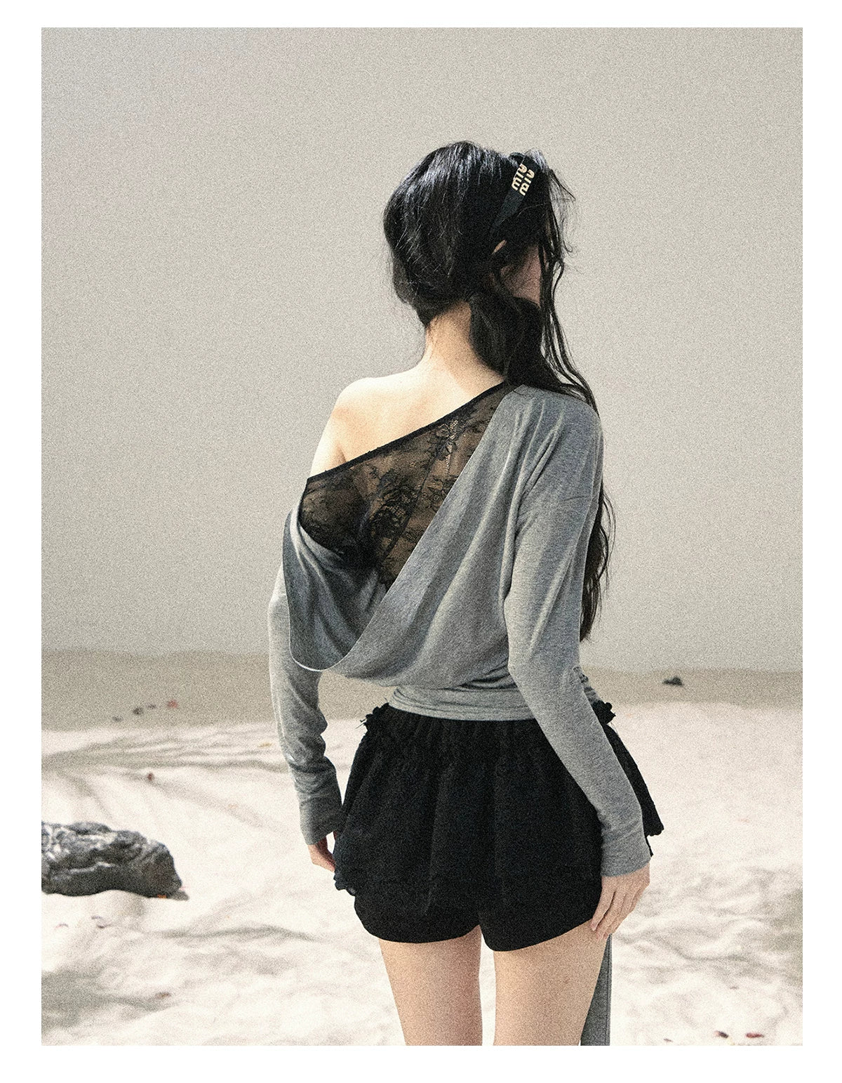 "Free Spirit" Moon Mist Gray Faux-Layer One-Shoulder Lace Top