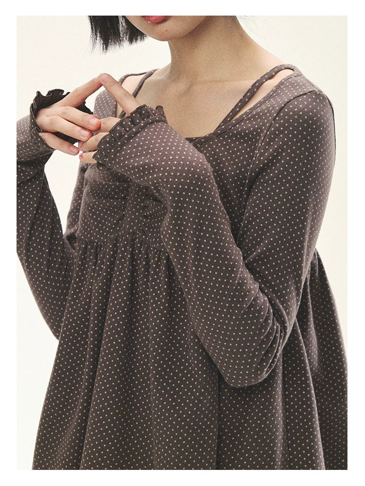 "Sweet Favorite" Polka Dot Faux-Layer Bow Knit Top (Gray Brown/ Blush Pink)