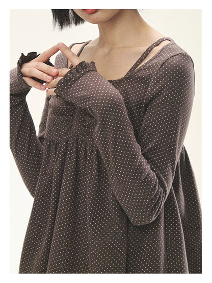 "Sweet Favorite" Polka Dot Faux-Layer Bow Knit Top (Gray Brown/ Blush Pink)
